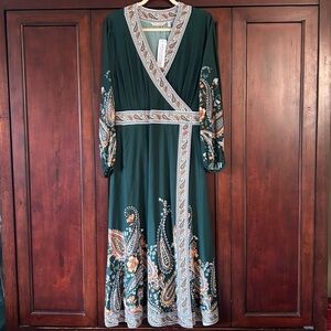NWT Soft Surroundings Petite XL Green Long Sleeve Faux Wrap Rayon Maxi Dress